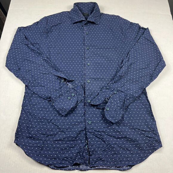 Saks Fifth Avenue Mens Seersucker Shirt Large Navy White Dotted Classic Preppy - Picture 1 of 10